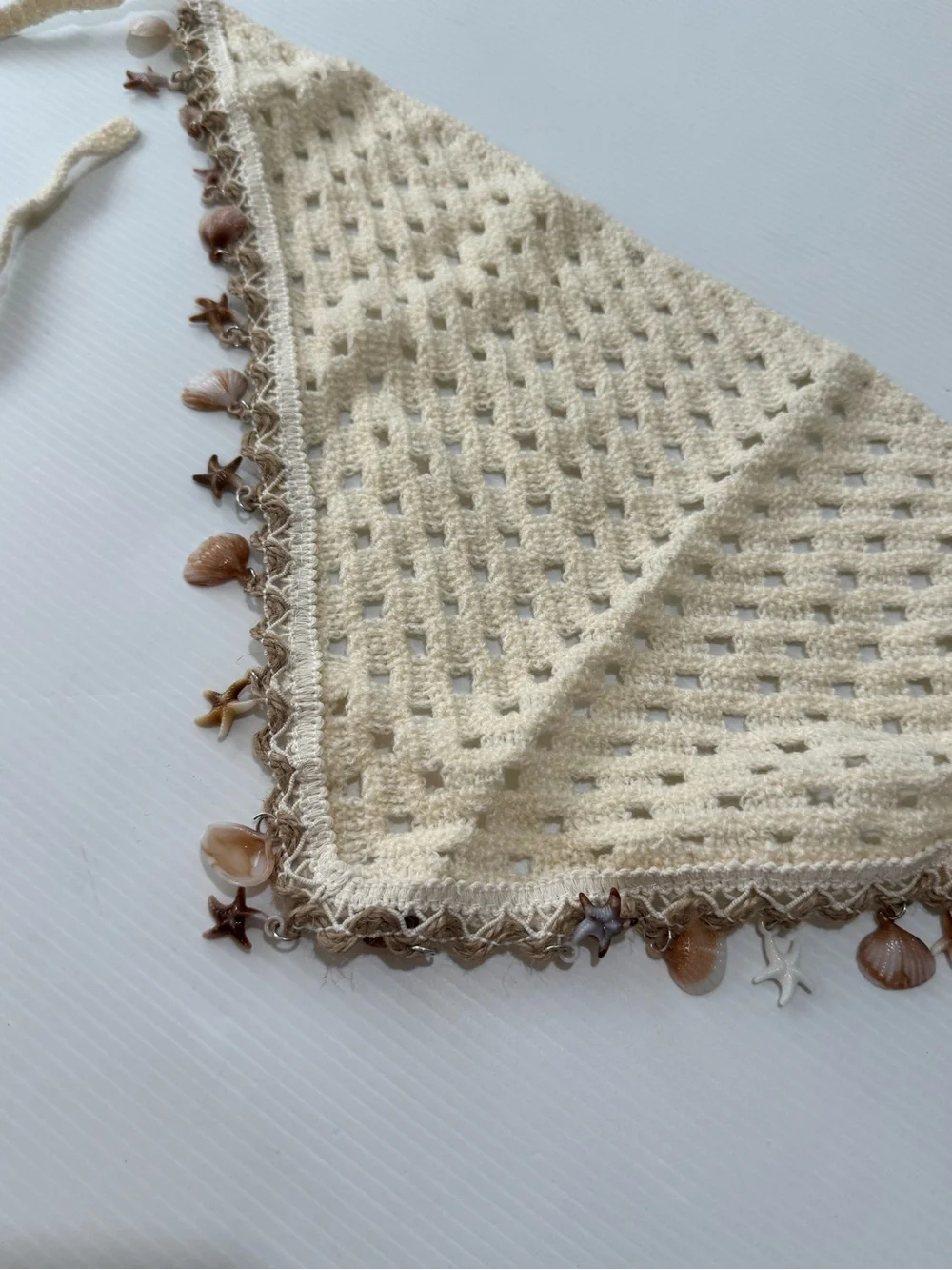 Boho Coastal Crochet Triangle Head Scarf Shell Charm Bandana Cream Beachcore